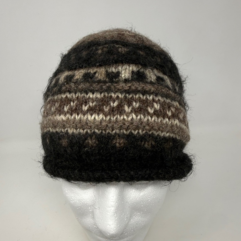 Everest Designs Nepal 100% Wool Fleece Lined Beanie Hat Brown Black Fair Isle